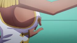 2girls animated anime_screenshot bouncing_breasts breast_focus breast_press breasts breasts_squeezed_together catherine_sabathra cleavage code_geass code_geass:_dakkan_no_roze crop_top dark-skinned_female dark_skin dress haruyanagininomiya_sakura highres large_breasts long_sleeves multiple_girls sexually_suggestive sideboob symmetrical_docking tagme video