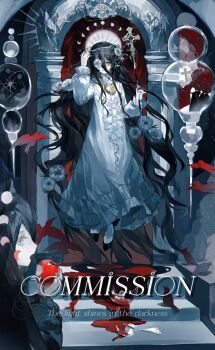 2girls absurdres apple bird black_hair black_nails blood colored_eyelashes commission cross dress eyelashes fingernails flower flower_on_face food fruit full_body hair_between_eyes hair_flower hair_ornament head_wreath highres holding holding_food holding_fruit holding_staff lingdian_mengyou long_dress long_hair long_hair_between_eyes long_sleeves mihuashi_commission moon_phases multiple_girls nail_polish open_mouth original pale_skin parted_lips pointy_ears sidelocks staff statue very_long_hair watermark white_dress white_flower wreath yellow_eyes