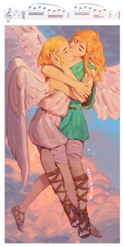 1boy 1girl angel_wings bandaged_leg bandages blonde_hair border braid closed_eyes cloud cloudy_sky commentary couple crown_braid dress earrings feathered_wings flying full_body gladiator_sandals green_tunic hair_between_eyes hand_in_another&#039;s_hair hetero highres hug jewelry kiss kissing_cheek link medium_hair musical_staff nintendo parted_bangs pointy_ears princess_zelda pyonteo sandals short_hair sidelocks sky symbol-only_commentary the_legend_of_zelda the_legend_of_zelda:_breath_of_the_wild the_legend_of_zelda:_tears_of_the_kingdom tunic white_border white_dress white_wings wings