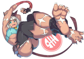 1girl arms_up ass barefoot blue_eyes bob_cut breasts cat_girl claws collar crop_top dark-skinned_female dark_skin detached_leggings exposed_muscle fangs fingerless_gloves full_body gloves highres kondou_totetsu large_breasts looking_at_viewer ms._fortune_(skullgirls) neck_bell open_mouth scar skullgirls smile solo sports_bikini thick_thighs thighs white_hair
