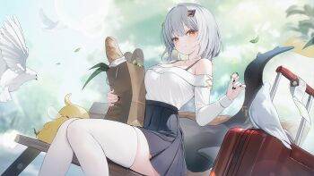 azur_lane baguette bird black_nails black_skirt bread breasts dress explorer_(azur_lane) fins fish_tail food game_cg hair_ornament highres holding holding_pastry_bag looking_at_viewer manjuu_(azur_lane) non-web_source pastry_bag pigeon pov shark_tail short_hair skirt tail thighhighs white_dress white_hair white_thighhighs yellow_eyes