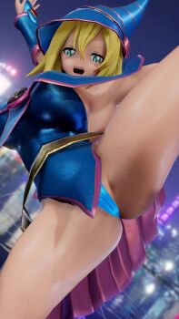 1girl 3d absurdres arms_up artist_request ass bare_legs bare_shoulders blonde_hair blush_stickers breasts cameltoe city cleavage dark_magician_girl duel_monster flexible hat highleg highleg_panties highres leg_up long_hair looking_at_viewer magical_girl night night_sky open_mouth panties salute shiny_skin skirt sky smile solo standing standing_on_one_leg thong underwear wizard_hat yu-gi-oh! yu-gi-oh!_duel_monsters
