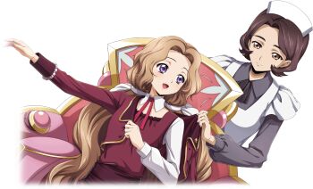 2girls apron brown_eyes brown_hair closed_mouth code_geass code_geass:_lost_stories f4samurai highres long_hair maid maid_apron maid_headdress multiple_girls nunnally_vi_britannia official_art open_mouth purple_eyes shinozaki_sayoko short_hair white_apron