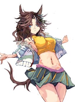 1girl animal_ears belt breasts brown_hair commentary_request crop_top cropped_jacket fur-trimmed_jacket fur_trim green_skirt horse_ears horse_girl horse_tail jacket large_breasts long_hair long_sleeves looking_at_viewer mejiro_palmer_(line_breakthrough)_(umamusume) mejiro_palmer_(umamusume) midriff multicolored_hair navel parted_lips pink_belt ponytail shirt simple_background skirt stomach streaked_hair tail umamusume white_background white_hair white_jacket yanagi_wakana yellow_shirt