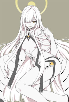 Rule 34 | 1girl, blue archive, breasts, cape, colored skin, commentary request, grey background, hair over one eye, halo, highres, kooriyama azuki, long hair, looking at viewer, lying, malkuth (blue archive), medium breasts, navel, one eye covered, simple background, smile, solo, symbol-shaped pupils, thighs, very long hair, white cape, white skin, x-shaped pupils, yellow eyes, yellow halo