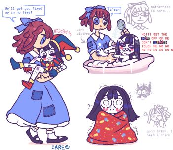 2girls alternate_hair_length alternate_hairstyle bathing bathtub black_hair blush bruise bruise_on_arm bruise_on_leg button_eyes buttons carrying carrying_person cat censored english_text hat himiko_(hydrangeamaiden) hissing injury jester jester_cap jester_costume long_hair medium_hair multiple_girls novelty_censor pale_skin patchwork_clothes pomni_(the_amazing_digital_circus) princess_carry ragatha_(the_amazing_digital_circus) red_hair sharp_teeth stuffed_toy teeth the_amazing_digital_circus trembling