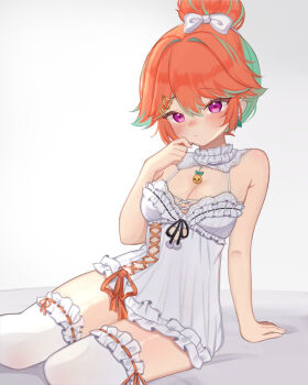 1girl arm_rest bare_shoulders black_ribbon bow breasts cleavage commentary criss-cross_ribbon english_commentary green_streaks hair_bow hair_bun hand_on_own_cheek hand_on_own_face highres hololive hololive_english light_blush looking_at_viewer lynnavtt medium_breasts multicolored_hair nightgown orange_hair pendant_choker purple_eyes ribbon sitting solo takanashi_kiara thighhighs white_background white_bow white_nightgown