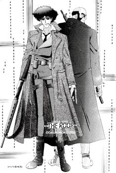 Rule 34 | 2boys, bald, beard, boots, cigarette, coat, cosplay, cowboy bebop, facial hair, gun, highres, holding, holding gun, holding weapon, jet black, milesarms, multiple boys, parody, spike spiegel, sunglasses, the matrix, weapon