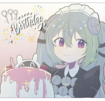 1girl apron bangboo_(zenless_zone_zero) birthday_cake black_dress cake closed_mouth commentary_request corin_wickes dress food green_hair hair_between_eyes happy_birthday kurone_sc long_hair looking_at_viewer maid maid_apron maid_headdress pink_background purple_eyes screw_hair_ornament short_eyebrows smile solo thick_eyebrows twintails upper_body white_apron zenless_zone_zero