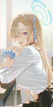 Rule 34 | 1girl, asuna (blue archive), asuna (school uniform) (blue archive), black skirt, blue archive, blue eyes, blue halo, blue scrunchie, breasts, halo, hiera12, highres, large breasts, looking at viewer, open mouth, school uniform, scrunchie, shirt, sitting, skirt, solo, white shirt, wrist scrunchie