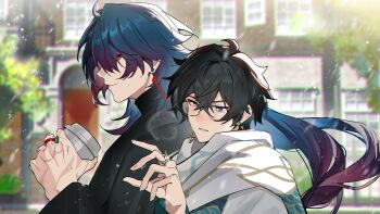 2boys absurdres arm_up black_coat black_hair blade_(honkai:_star_rail) building coat commentary_request crossed_bangs cup dan_heng_(honkai:_star_rail) disposable_coffee_cup disposable_cup earrings gradient_hair green_eyes hanaki0504 highres holding holding_cup honkai:_star_rail honkai_(series) jewelry long_hair long_sleeves male_focus multicolored_hair multiple_boys outdoors parted_hair parted_lips piercing red_eyes ring short_hair tree upper_body very_long_hair