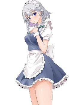 1girl apron back_bow blue_dress blue_eyes bow braid breasts closed_mouth collared_shirt commentary_request dress green_bow grey_hair hair_bow highres izayoi_sakuya kiyo_(tomoki6107) long_hair looking_at_viewer maid maid_headdress pinafore_dress puffy_short_sleeves puffy_sleeves shirt short_sleeves simple_background sleeveless sleeveless_dress smile solo thick_thighs thighs touhou twin_braids waist_apron white_apron white_background white_bow white_shirt white_wrist_cuffs wrist_cuffs