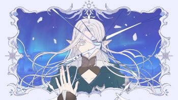 1girl aqua_jacket blue_eyes border broken_glass collarbone colored_eyelashes colored_skin commission curtained_hair eogo_(mopidona) final_fantasy final_fantasy_xiv glass grey_skin hand_on_mirror heterochromia highres jacket jitome korean_commentary long_hair looking_at_viewer mandarin_collar ornate_border parted_bangs parted_lips pointy_ears possessed possession pov pov_hands purple_border reflection reflection_focus revealing_layer shiva_(final_fantasy) sleeves_past_wrists snowflakes solo square_enix straight-on upper_body white_hair ysayle_dangoulain