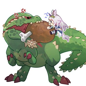 1girl ahoge anger_vein animal_ears black_sclera black_thighhighs blue_eyes boned_meat chibi chibi_only claws colored_sclera crop_top crossover detached_sleeves deviljho dinosaur dragon drooling eating fangs food food_in_mouth grey_hair hair_between_eyes hair_ornament hairband highres horse_ears horse_girl horse_tail jaw kirin_(armor) long_hair looking_at_another meat monster monster_hunter_(series) multicolored_hair oguri_cap_(umamusume) old-night open_mouth red_eyes saliva sharp_teeth skirt spiked_tail spikes standing tail teeth thighhighs umamusume wyvern
