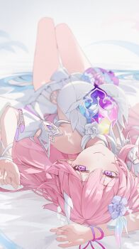 1girl absurdres arm_up bare_shoulders blue_hair breasts closed_mouth cyrene_(honkai:_star_rail) cyrene_(ripples_of_past_reverie)_(honkai:_star_rail) dress eimizzzzz fingernails flower hair_flower hair_ornament hand_up highres honkai:_star_rail honkai_(series) knees_up large_breasts light_blush long_fingernails long_hair looking_to_the_side lying missing_commentary multicolored_hair on_back pink_hair pointy_ears purple_eyes purple_flower purple_rose rose smile solo thighs two-tone_hair very_long_hair white_dress