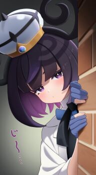 1girl blush brick_wall commentary_request gloves gwynn_(pokemon) hat highres looking_at_viewer nintendo omio partially_fingerless_gloves peeking_out pokemon pokemon_legends:_z-a purple_eyes purple_hair short_hair solo upper_body white_hat