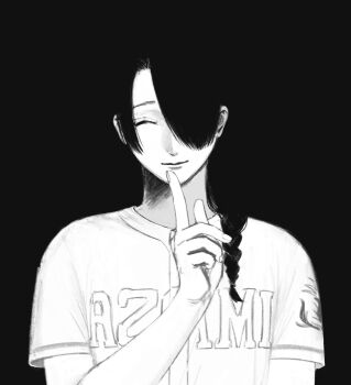 1boy ^_^ androgynous baseball_jersey black_background blending braid braided_ponytail closed_eyes commentary_request greyscale hair_over_one_eye hand_up high_contrast highres jersey light_smile long_hair low_side_ponytail male_focus monochrome print_shirt shirt short_sleeves simple_background single_braid solo strikeout_pitch tsuyuki_rin upper_body yukashita_(8i38i38i3)