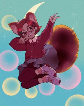 1girl animification braces brown_eyes brown_hair colette_(lettiebobettie) disney earrings glasses highres jewelry looking_at_viewer meilin_lee open_mouth panda_tail pixar red_garter_belt red_hair red_panda_ears red_panda_girl red_panda_tail shirt smile turning_red