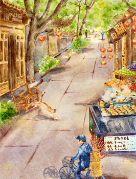 Rule 34 | 1boy, absurdres, animal, bench, bicycle, blue hat, blue pants, blue shirt, cat, commentary request, day, food stand, hat, highres, lantern, long sleeves, muyi (rmkr5237), original, outdoors, pants, paper lantern, people, riding, riding bicycle, scenery, shirt, tree, urban