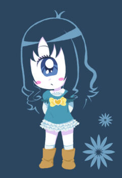 1girl 4kaku3kaku ahoge arms_behind_back black_hair blue_background blue_dress blue_eyes blush blush_stickers boots bow brown_boots colored_skin cosplay crossover cyclops dress female_focus flower full_body heartcatch_precure! iris_(ruby_gloom) kurumi_erika kurumi_erika_(cosplay) long_hair looking_at_viewer lowres one-eyed plant precure puffy_sleeves ruby_gloom short_sleeves socks solo standing white_skin white_socks yellow_bow