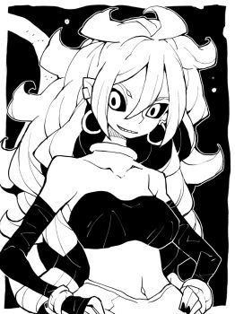 Rule 34 | 1girl, android 21, black sclera, colored sclera, dowman sayman, dragon ball, dragon ball fighterz, earrings, grin, highres, hoop earrings, jewelry, long hair, majin android 21, monochrome, smile, tail