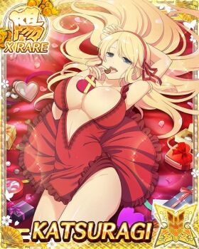1girl arm_behind_head blonde_hair blush box box_of_chocolates breasts candy card_(medium) chocolate chocolate_heart cleavage dress eating food food_between_breasts game_cg gift green_eyes hair_ribbon happy_valentine heart heart-shaped_box heart-shaped_food holding holding_box holding_chocolate holding_food holding_gift katsuragi_(senran_kagura) large_breasts long_hair lying non-web_source official_alternate_costume official_art on_back on_bed open_mouth red_dress red_ribbon ribbon senran_kagura senran_kagura_new_wave smile solo tongue tongue_out valentine