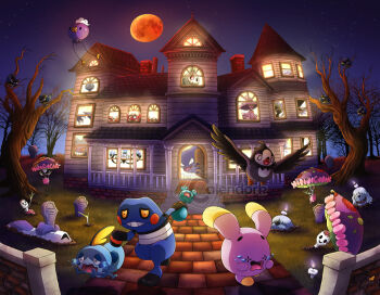 artist_name azurill bare_tree brick_wall building chandelure chimney closed_eyes commentary croagunk crying ditto drifloon duskull english_commentary fire fleeing flying flying_teardrops full_moon gastly gen_1_pokemon gen_3_pokemon gen_4_pokemon gen_5_pokemon gen_7_pokemon gen_8_pokemon gengar greavard grin haunter holding holding_pokemon houndstone house impidimp in_tree looking_outside mismagius moon night nintendo no_humans nostrils o_o open_door open_mouth outdoors pokemon pokemon_(creature) pokemon_focus rookidee running scared shiinotic shuppet signature sky smile sobble star_(sky) starly teeth thecalendork tombstone tree watermark whismur window zombie