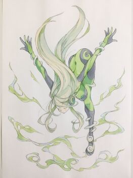 1girl aerokinesis ass bent_over black_bodysuit bodysuit closed_eyes closed_mouth commentary ear_protection full_body green_bodysuit green_hair highres leg_up long_hair multicolored_bodysuit original peter_salt solo standing standing_on_one_leg traditional_media two-tone_bodysuit wind