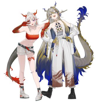 2girls absurdres alter_sang ankle_boots aqua_eyes arknights arm_on_another&#039;s_shoulder armrest bare_shoulders belt blue_hair boots dragon_girl dragon_horns dragon_tail gradient_hair hands_on_own_hips highres horns jacket jewelry leg_tattoo long_hair medium_hair multicolored_hair multicolored_horns multiple_girls necklace nian_(arknights) pants purple_eyes shorts shu_(arknights) simple_background standing strapless tail tattoo tube_top v very_long_hair white_background white_hair