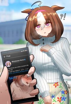 1girl @_@ absurdres ahoge animal_ears blush bow breasts brown_hair double-parted_bangs ear_ribbon ears_down embarrassed hair_between_eyes hairband highres holding holding_phone horse_ears horse_girl large_breasts long_sleeves medium_hair meisho_doto_(casual)_(umamusume) meisho_doto_(umamusume) multicolored_hair ngmq open_mouth phone pink_hairband pov purple_eyes school_uniform shirt short_hair tracen_school_uniform two-tone_hair umamusume white_hair