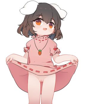 1girl absurdres animal_ears baigao carrot_necklace cleft_of_venus clothes_lift dress gluteal_fold highres inaba_tewi jewelry lifting_own_clothes loli necklace no_panties open_mouth pink_dress pussy rabbit_ears short_sleeves simple_background solo touhou uncensored white_background