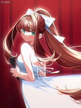 1girl artist_name bare_shoulders breasts brown_hair closed_mouth commentary doki_doki_literature_club dress english_commentary eyelashes green_eyes hair_intakes hair_ribbon highres hinaten holding holding_microphone long_hair microphone monika_(doki_doki_literature_club) ponytail ribbon sidelocks signature smile solo very_long_hair white_dress white_ribbon