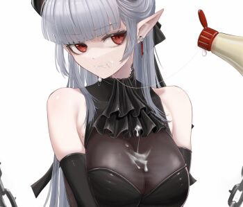 1girl :t arknights bare_shoulders black_dress black_gloves blunt_bangs breasts chain chained_sarkaz_girl_(arknights) cleavage closed_mouth dress earrings eating elbow_gloves gloves grey_hair jewelry large_breasts long_hair mildt pointy_ears red_eyes sexually_suggestive simple_background sleeveless sleeveless_dress solo suggestive_fluid upper_body very_long_hair white_background
