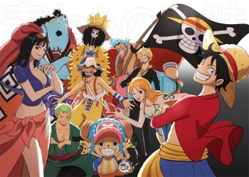 Rule 34 | 2girls, 6+boys, afro, antlers, arm tattoo, bandana around arm, bikini, black hair, blonde hair, blue nose, brook (one piece), commentary, crop top, cropped jacket, crown hat, curly eyebrows, english commentary, eyewear on head, facial hair, fish boy, franky (one piece), goatee, green hair, hat, horns, jinbe (one piece), jolly roger, long nose, medium hair, monkey d. luffy, multiple boys, multiple girls, nami (one piece), nico robin, one eye closed, one piece, orange hair, pirate, reindeer boy, roronoa zoro, sanji (one piece), scar, scar on chest, scar on face, sergiromero, shark boy, short hair, skeleton, straw hat, straw hat pirates, straw hats jolly roger, sunglasses, swimsuit, tan, tattoo, tony tony chopper, usopp