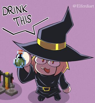 :3 alternate_costume arm_at_side artist_name belt black_belt black_hat black_tunic blonde_hair bottle elferdiart english_text from_above full_body hat holding holding_bottle looking_at_viewer looking_up minecraft neco-arc no_fingers open_mouth outstretched_arm potion presenting_own_body purple_background red_eyes short_hair simple_background standing tsukihime tunic watermark witch_hat