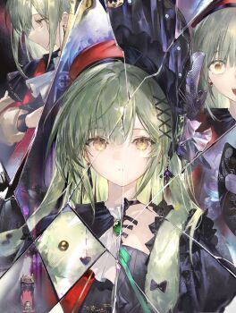 Rule 34 | absurdres, animal ears, arknights, ascot, bang dream!, bang dream! it's mygo!!!!!, beret, black bow, bow, broken mirror, brooch, chiaspicy, commentary request, constricted pupils, earrings, floppy ears, gem, green gem, green hair, hair bow, hair ornament, hat, highres, jewelry, mirror, mortis (bang dream!), mortis (costume) (bang dream!), mortis (persona) (bang dream!), rabbit ears, red hat, stuffed animal, stuffed rabbit, stuffed toy, wakaba mutsumi, wakaba mutsumi (doll), wakaba mutsumi (marionette's id), white ascot, x hair ornament, yellow eyes