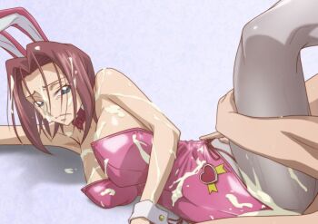 1boy 1girl ass blue_eyes breasts bukkake closed_mouth code_geass covered_erect_nipples cum cum_on_body facial hetero kouzuki_kallen kyabakurabakufu large_breasts rabbit red_hair sex short_hair source_request