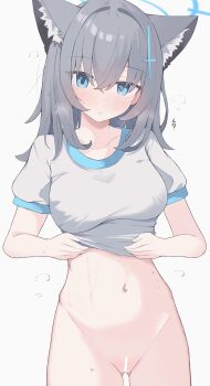 1girl absurdres animal_ear_fluff animal_ears bar_censor blue_archive blue_eyes bottomless breasts censored cross_hair_ornament grey_hair hair_ornament halo highres looking_at_viewer medium_breasts navel nui_(nuinui0300) revision shiroko_(blue_archive) shirt simple_background solo white_background wolf_ears