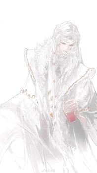 Rule 34 | 1boy, absurdres, cape, chinese clothes, closed mouth, curtained hair, ear piercing, feet out of frame, fur-trimmed cape, fur trim, grey eyes, hair tubes, hand up, hanfu, highres, holding vase, light smile, lips, long hair, long sleeves, looking to the side, male focus, multi-tied hair, original, parted bangs, piercing, pointy ears, robe, simple background, solo, very long hair, watermark, weibo watermark, white background, white cape, white hanfu, white robe, white theme, wide sleeves, yuchong gao