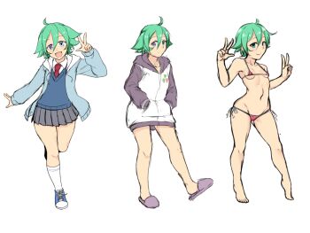 Rule 34 | 1girl, 9rimson, ahoge, areola slip, barefoot, bikini, blue eyes, blue jacket, breasts, closed mouth, commentary request, double-parted bangs, full body, green hair, grey skirt, hair between eyes, hands in pockets, hands up, highres, jacket, long sleeves, looking at viewer, micro bikini, miniskirt, mismatched pupils, multiple views, open clothes, open jacket, open mouth, original, pink bikini, short hair, simple background, sketch, skirt, small breasts, smile, socks, swimsuit, symbol-shaped pupils, v, w, white background, white jacket, white socks