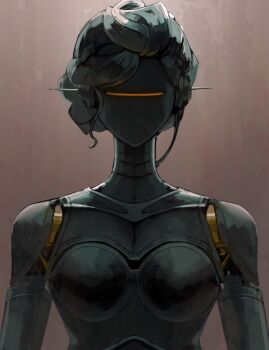 1girl breasts brown_background commentary_request highres humanoid_robot joints large_breasts looking_at_viewer lucy_(reverse:1999) metal_hair metal_skin nnicoinu reverse:1999 robot robot_ears robot_girl robot_joints short_hair solo upper_body