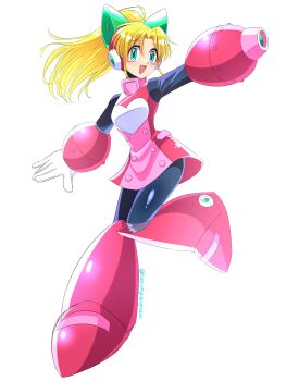 1girl absurdres arm_cannon black_bodysuit blonde_hair blue_eyes bodysuit commentary dress english_commentary full_body high_ponytail highres mega_man_(classic) mega_man_(series) pink_dress ponytail retro_fighting_robot roll_(mega_man) simple_background solo weapon white_background
