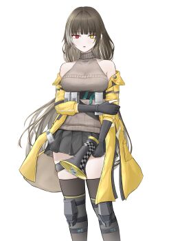 1girl absurdres bare_shoulders black_gloves blush breasts brown_hair clothes_pull elbow_gloves girls&#039;_frontline girls&#039;_frontline_2:_exilium gloves heterochromia highres holding holding_megaphone holding_own_arm jacket jacket_pull long_hair looking_at_viewer medium_breasts megaphone miniskirt multicolored_hair open_clothes open_jacket open_mouth pleated_skirt red_eyes ro635_(girls&#039;_frontline) robella_(girls&#039;_frontline_2) skindentation skirt sleeveless sleeveless_sweater solo standing streaked_hair sweater thighhighs thighs two-tone_hair very_long_hair white_hair woon yellow_eyes yellow_jacket