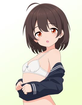 1girl :o ahoge blue_shirt bob_cut bow bow_bra bra breasts brown_hair center-flap_bangs dot_nose double-parted_bangs gradient_background green_background highres loli long_sleeves looking_at_viewer medium_hair navel open_mouth original red_eyes sailor_collar sailor_shirt school_uniform shirt small_breasts solo take_zenni_chikuzenni underwear undressing upper_body white_bra