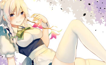 Rule 34 | 1girl, asagi yuna, bad id, bad pixiv id, blue dress, blush, braid, breasts, dress, female focus, flower, izayoi sakuya, large breasts, looking at viewer, maid, maid headdress, puffy short sleeves, puffy sleeves, shirt, short sleeves, silver hair, smile, solo, thighhighs, touhou, twin braids, white thighhighs, zettai ryouiki