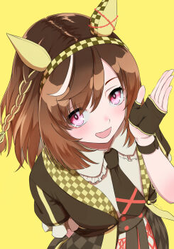 Rule 34 | 1girl, animal ears, black gloves, black jacket, black necktie, blush, braid, breasts, brown hair, buena vista (heroina inocente) (umamusume), buena vista (umamusume), checkered collar, checkered hairband, collared shirt, commentary request, ear covers, fingerless gloves, gloves, hair between eyes, hairband, headband, highres, horse ears, horse girl, jacket, looking at viewer, medium breasts, medium hair, moriaka, necktie, open mouth, purple eyes, shirt, simple background, skirt, smile, solo, umamusume, white shirt, wristband, yellow background