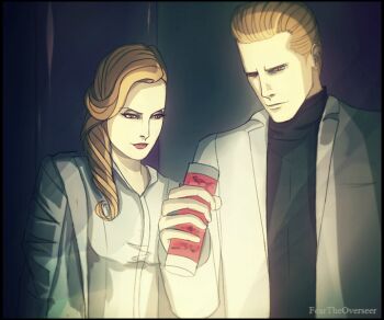 siblings albert_wesker alex_wesker black_sweater blonde_hair experiment feartheoverseer jacket lab_coat looking_down orange_eyes red_lips resident_evil resident_evil:_revelations_2 science sweater white_blazer