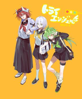 Rule 34 | 3girls, absurdres, alternate costume, aotu world, bag, black bag, black choker, black sailor collar, black serafuku, black shoes, black skirt, blush stickers, chinese commentary, choker, closed mouth, commentary request, cropped jacket, full body, genderswap, genderswap (mtf), goggles, goggles on head, green eyes, green hair, green neckerchief, hair between eyes, hand on another's shoulder, hand on own hip, hand up, headgear, highres, holding, holding weapon, jacket, keoper, long hair, long skirt, long sleeves, looking at viewer, loose socks, low ponytail, miniskirt, multicolored eyes, multiple girls, neckerchief, open clothes, open jacket, open mouth, orange background, pius (aotu world), pleated skirt, ponytail, red eyes, red hair, red neckerchief, sailor collar, school bag, school uniform, serafuku, sharp teeth, shirt, shoes, short hair, short sleeves, shoulder bag, simple background, skirt, smile, sneakers, socks, standing, teeth, thigh strap, v, weapon, white bag, white hair, white jacket, white shirt, white shoes, white socks, xander (aotu world), yellow eyes, yellow neckerchief, yellow socks, zain (aotu world)