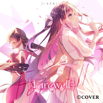 2girls absurdres album_cover azki_(1st_costume)_(hololive) azki_(4th_costume)_(hololive) azki_(hololive) black_gloves black_hair black_tube_top blunt_bangs bracelet braid brown_jacket character_name closed_eyes closed_mouth collared_dress colored_inner_hair commentary_request cone_hair_bun copyright_name cover double_bun dress elbow_gloves gloves hair_bun hair_intakes half-jacket half_up_half_down_braid hand_up hands_up high_heels highres hololive jacket jewelry long_hair low_twintails multicolored_hair multiple_girls official_art pink_hair ponytail purple_eyes red_dress short_ponytail side_up_bun sidelocks simple_background smile strapless three-quarter_sleeves tube_top twintails very_long_hair violet_viora virtual_youtuber white_background white_dress