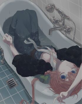 1girl arm_over_head arm_rest bathroom bathtub belt black_sleeves blue_eyes blue_overalls braid breasts brown_belt cleavage closed_mouth criss-cross_suspenders crown_braid detached_sleeves expressionless fate/grand_order fate_(series) faucet floor_tiles from_above hair_between_eyes highres in_bathtub in_water knees_up kyukutsu_life legs_together long_hair looking_at_viewer lying no_headwear on_back orange_hair overall_shorts overalls oversized_clothes shower_head side_braid small_breasts solo staring sunflower_petals suspenders suspenders_hanging tiles unusually_open_eyes van_gogh_(fate) van_gogh_(first_ascension)_(fate) water wet wet_clothes white_suspenders